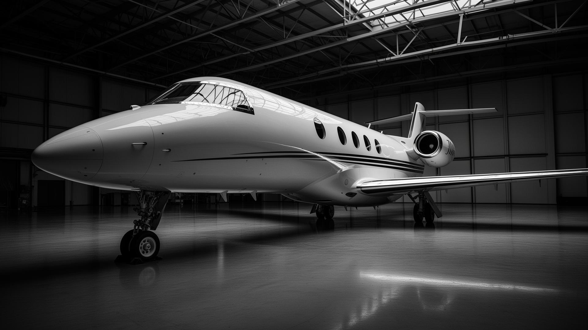 Private jet parked inside a hangar, ready for hand detailing